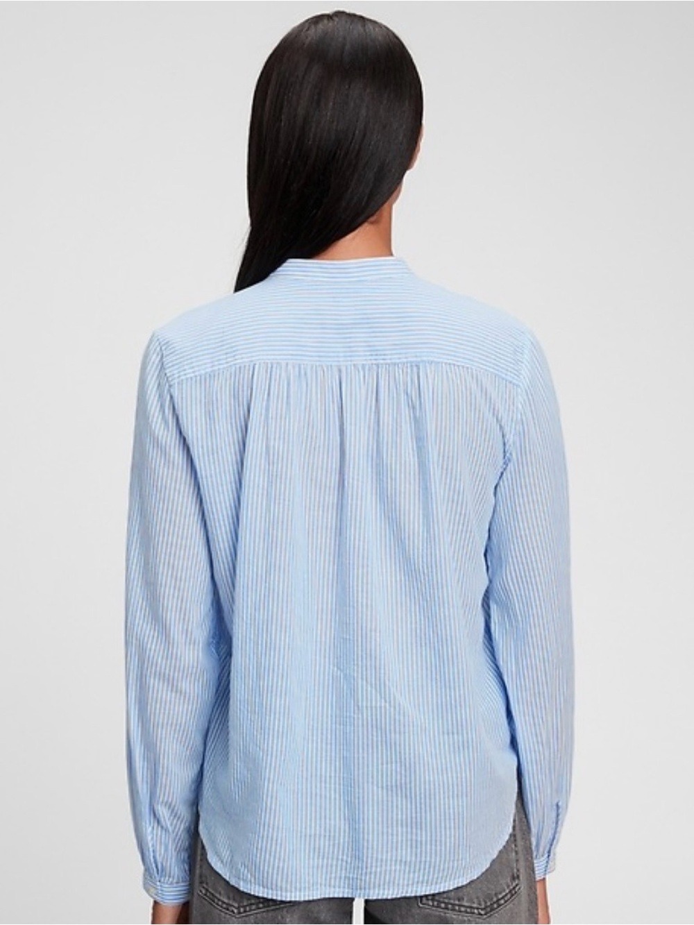 GAP Shirred Popover 100% Cotton Shirt, Light Blue and White Striped Long Sleeve - Picture 3 of 9